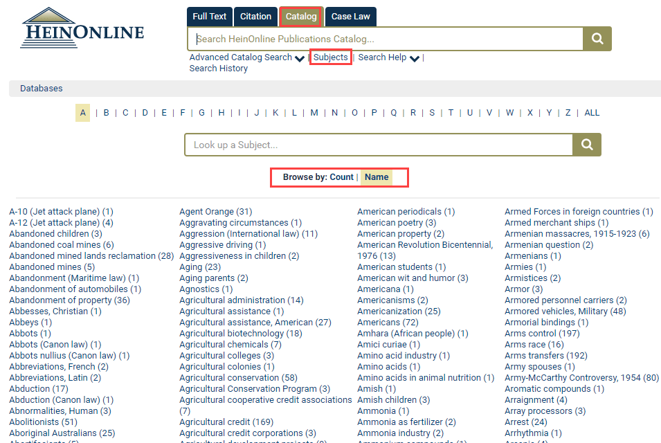 Screenshot of Catalog search highlighting Subjects tool and A-Z index listing options by Count or Name