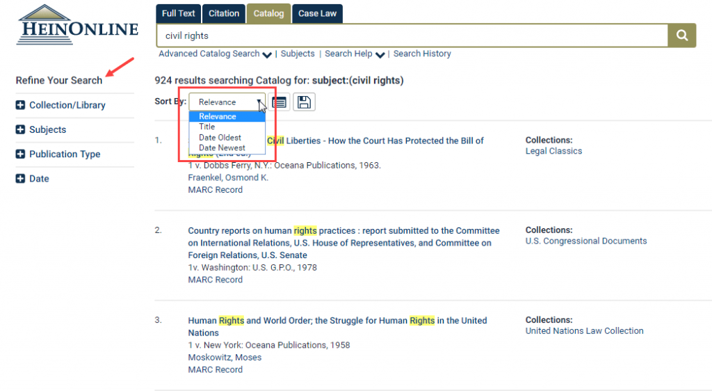 Screenshot of search results featuring sort options and Refine Your Search options 