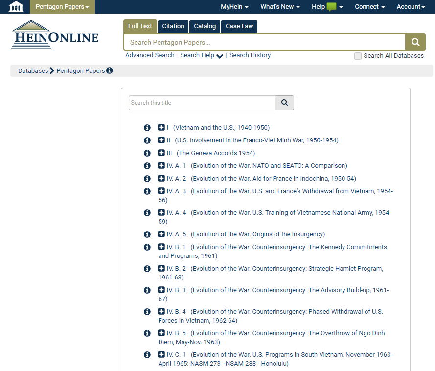 Screenshot of Pentagon Papers landing page in HeinOnline
