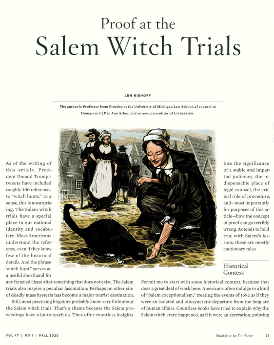 Screenshot of Len Niehoff, Proof at the Salem Witch Trials, 47 LITIGATION 21 (2020).