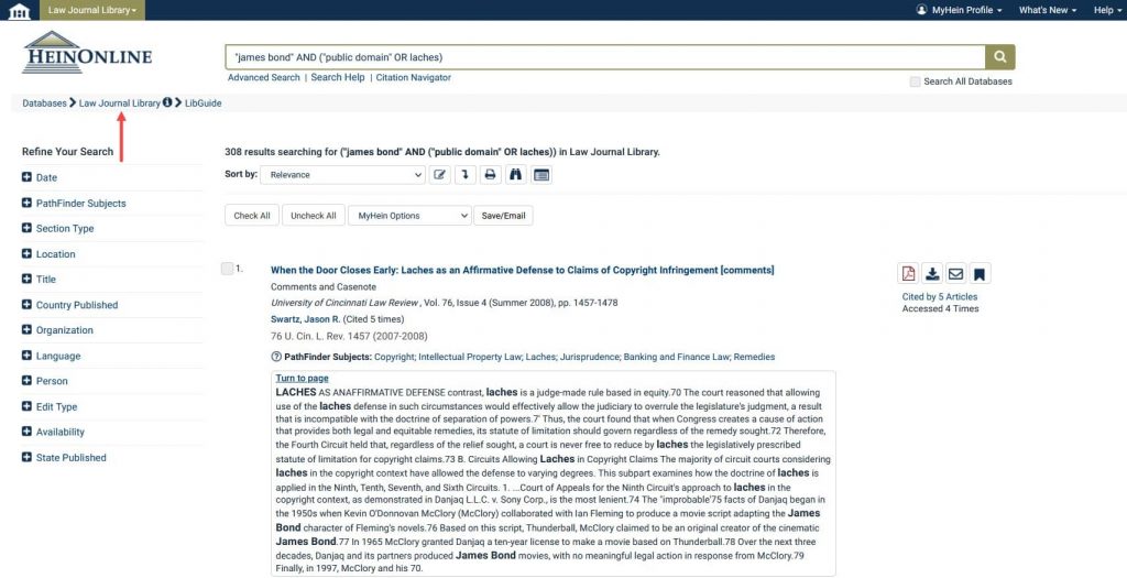 Screenshot of sample search in the Law Journal Library in HeinOnline