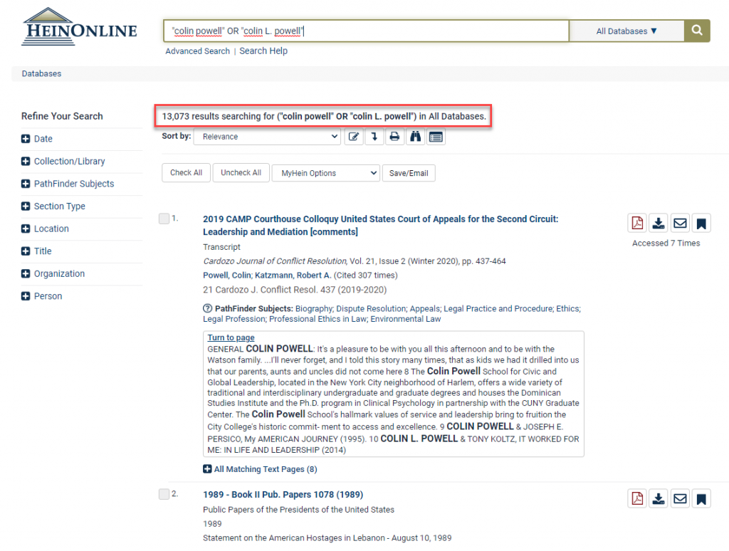 Screenshot of HeinOnline search for Colin Powell 