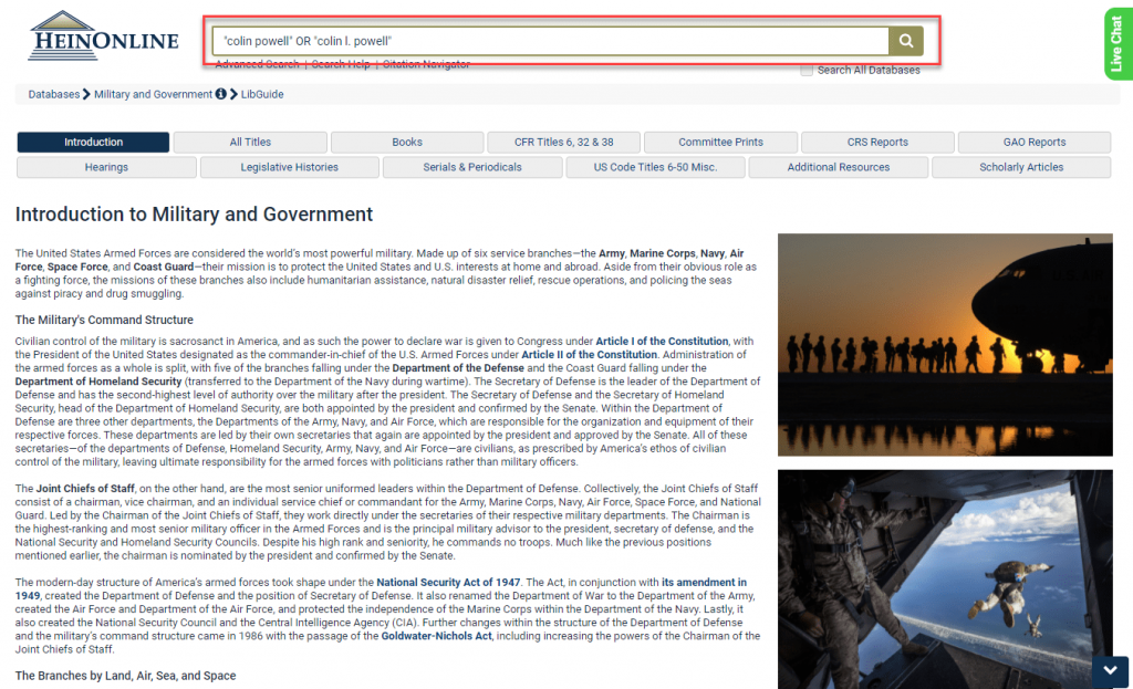 Screenshot of Military and Government database in HeinOnline