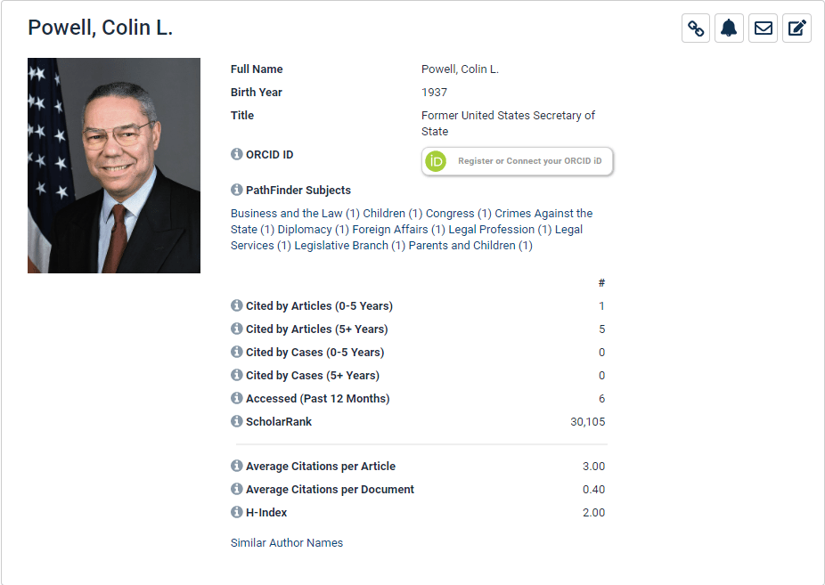 Screenshot of Colin Powell's author profile page in HeinOnline