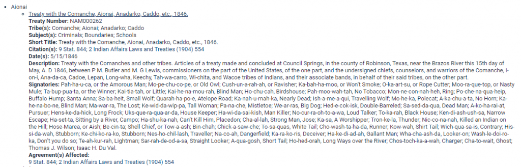 Screenshot of treaty located in Indigenous Peoples Treaties subcollection with additional information listed