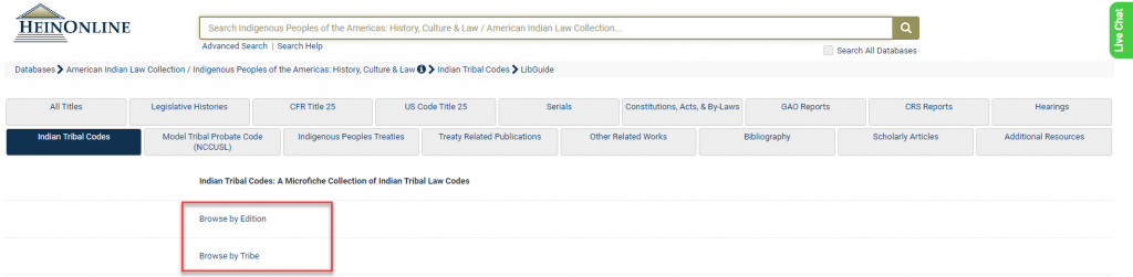 Screenshot of Indian Tribal Codes subcollection in Indigenous Peoples of the Americas database