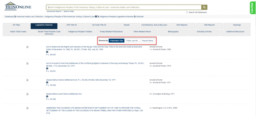 Screenshot of Legislative Histories subcollection in Indigenous Peoples of the Americas database