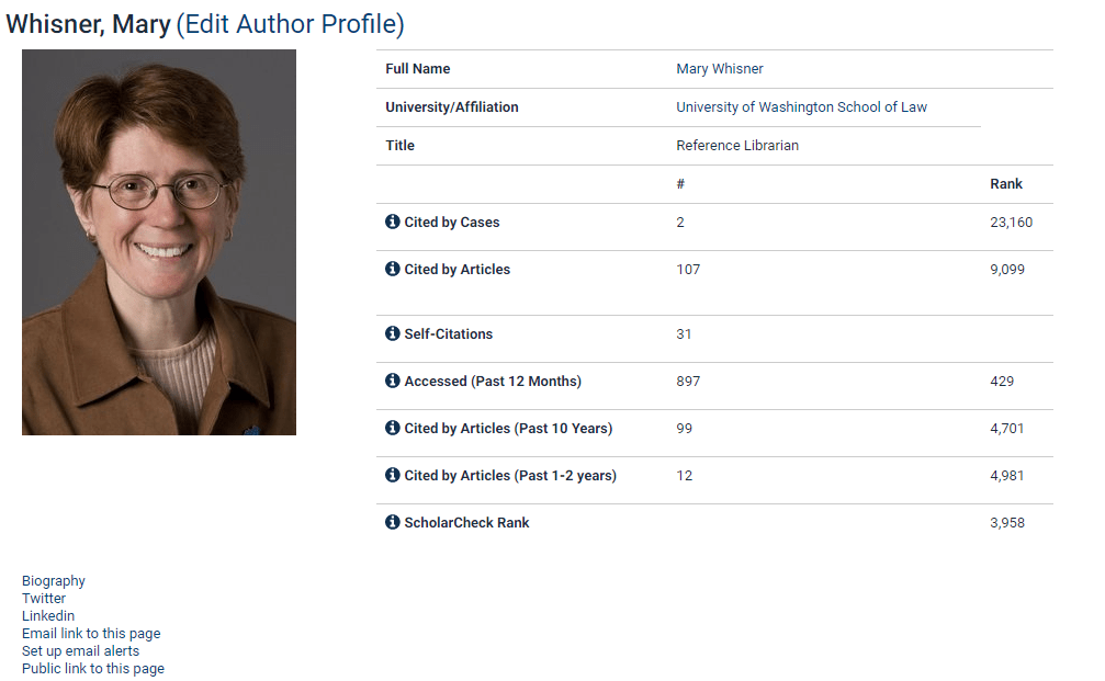 Screenshot of Mary Whisner's author profile page
