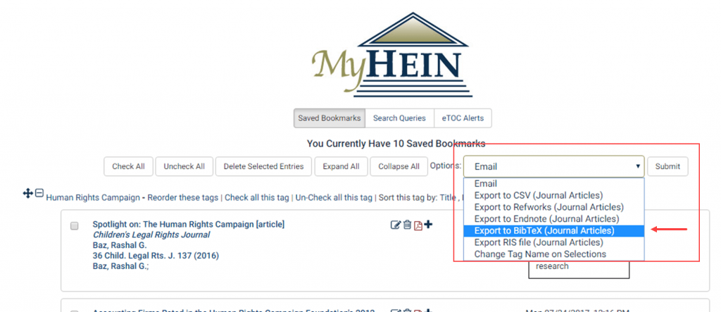Screenshot highlighting options for exporting bookmarked articles through Digital Measures