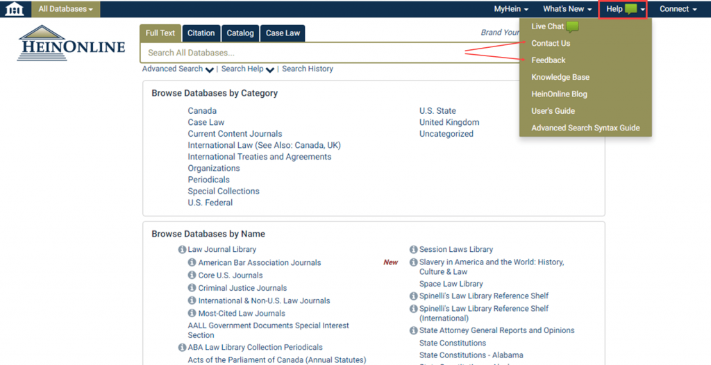Screenshot featuring feedback options underneath Help menu in HeinOnline
