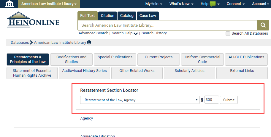 Restatement Locator Tool in American Law Institute Library