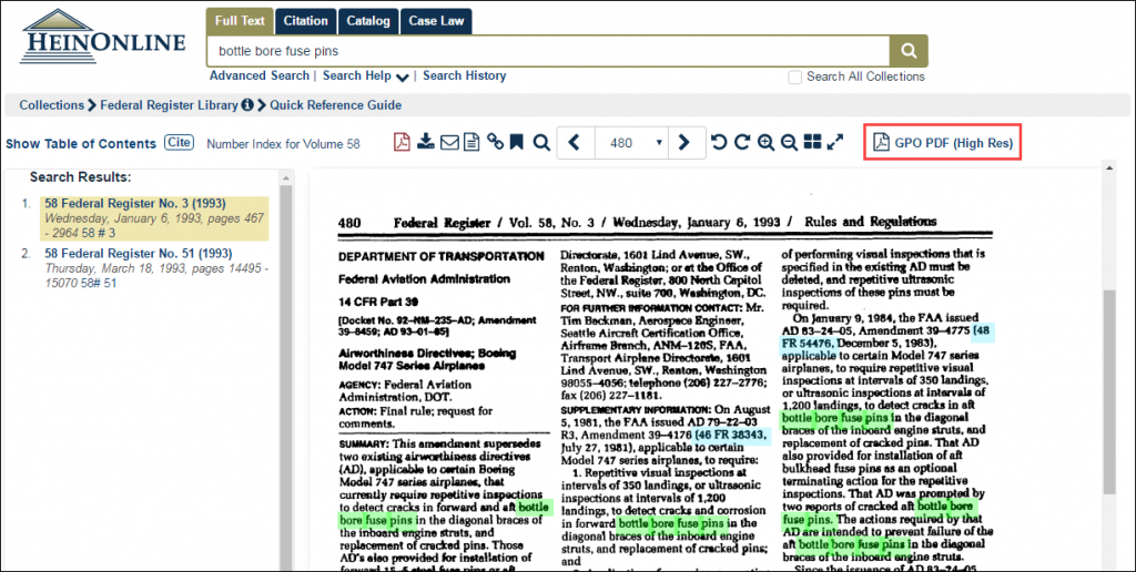 Screenshot of Federal Register document in HeinOnline highlighting "GPO PDF High-Res" link