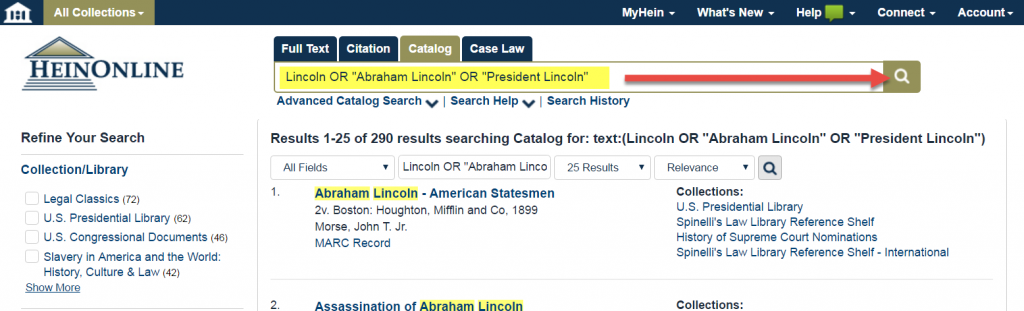 Screenshot of Catalog search in HeinOnline