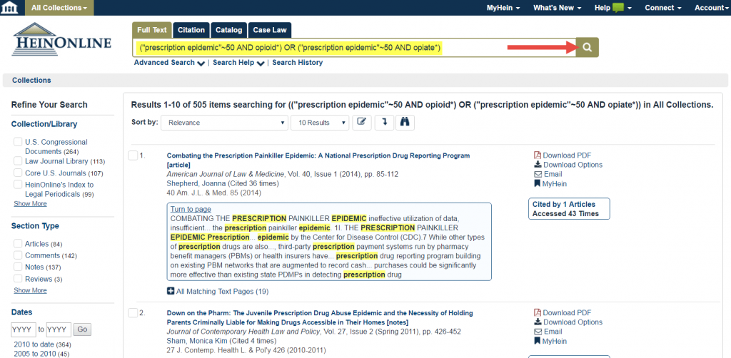 Screenshot of full text search in HeinOnline