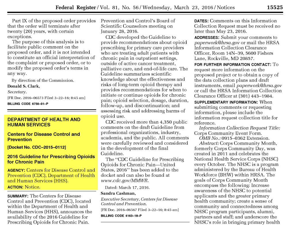 Screenshot of page from the Federal Register about Opioids