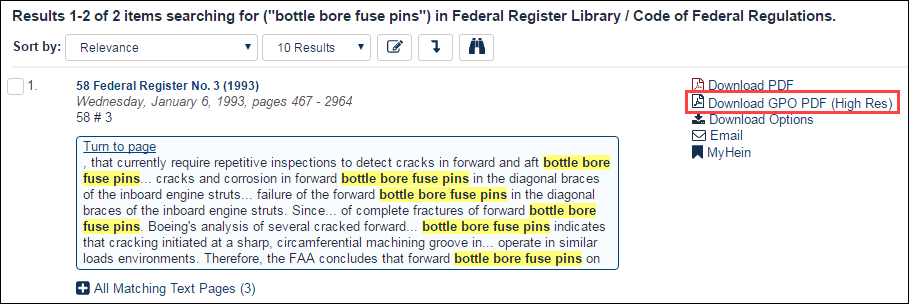 Screenshot of search results within Federal Register database with "Download GPO PDF (High-Res) option featured