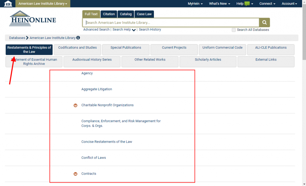 Screenshot of the American Law Institute Library featuring Restatements tab
