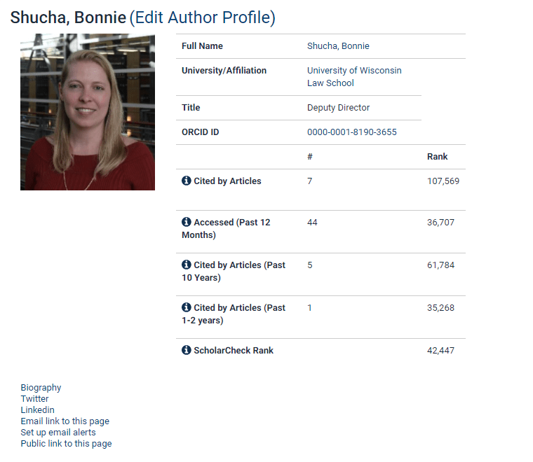 Screenshot of an author profile page in HeinOnline