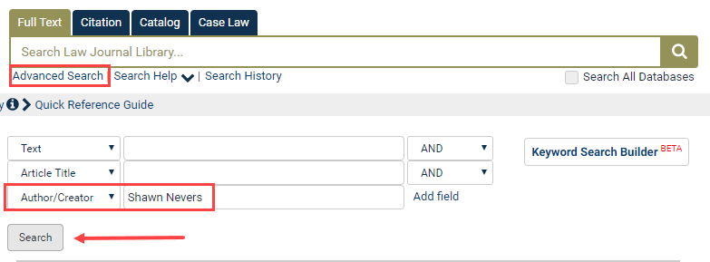 Screenshot of Advanced Search options within Law Journal Library in HeinOnline