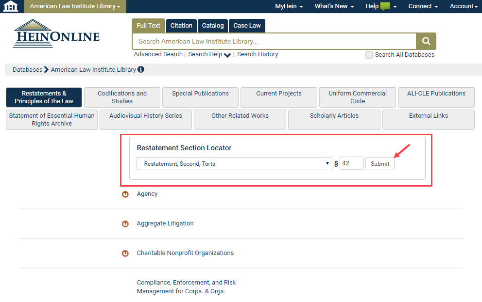 Screenshot featuring Restatement Section Locator tool in American Law Institute Library
