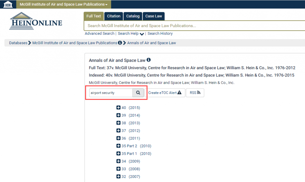Screenshot of search within McGill Institute of Air and Space Law Publications database in HeinOnline