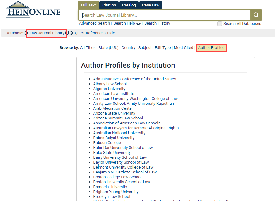 Screenshot of Author Profiles by Institution page