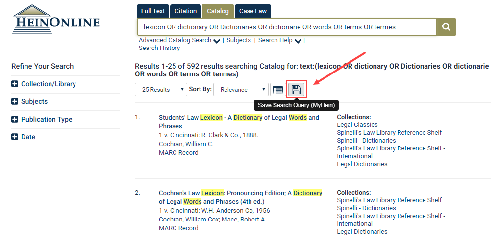 Save Search Query button in HeinOnline