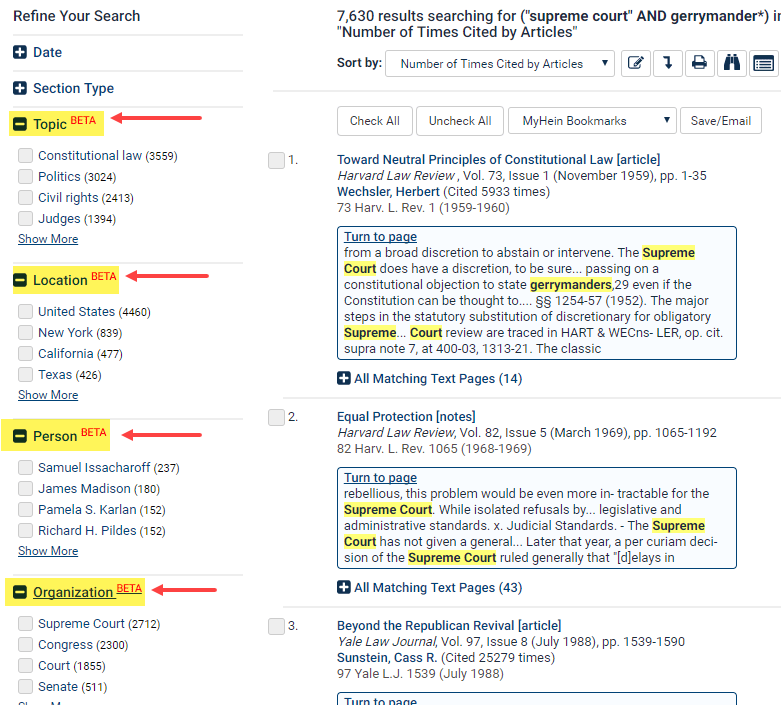 Image of Topics and Entities in HeinOnline search results