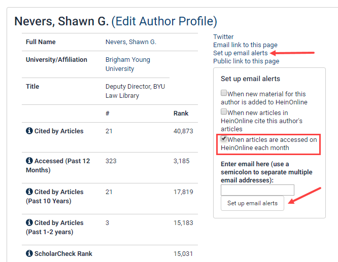 Screenshot of author profile page featuring ability to set email alerts