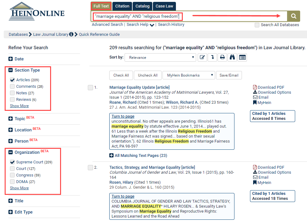 Screenshot of Full Text search results within HeinOnline with Section Type and Organization search refine options highlighted