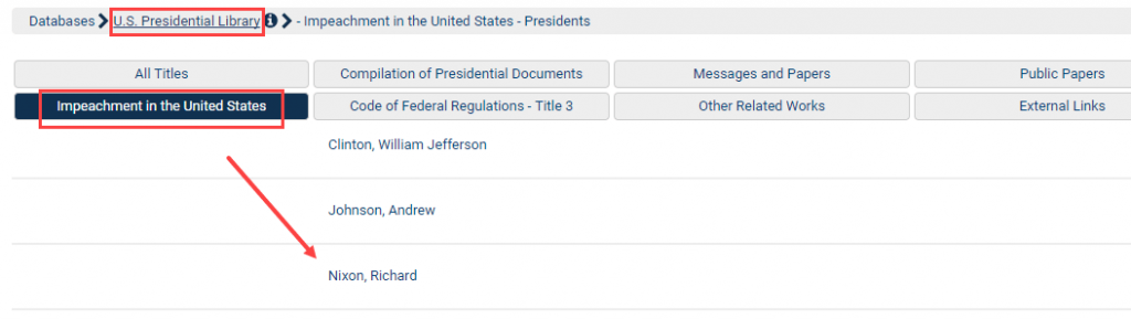 Screenshot of Impeachment in the United States tab within the U.S. Presidential Library