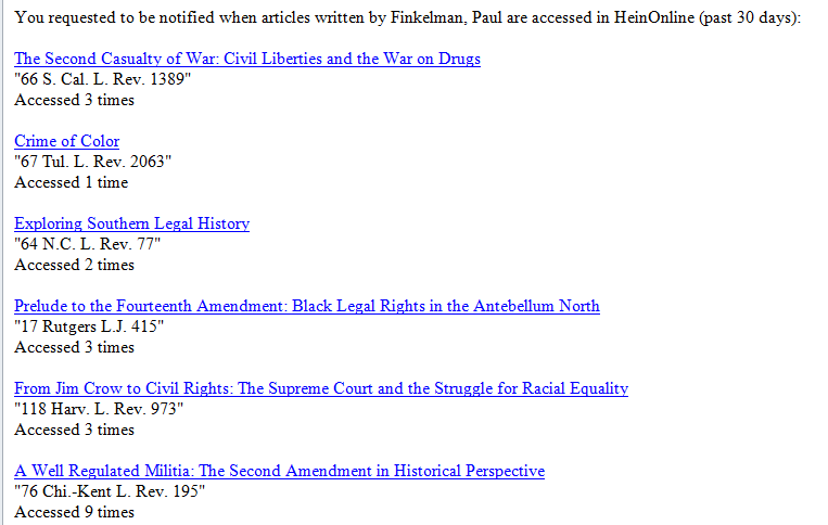 Screenshot of email listing author's articles and how many times each was accessed