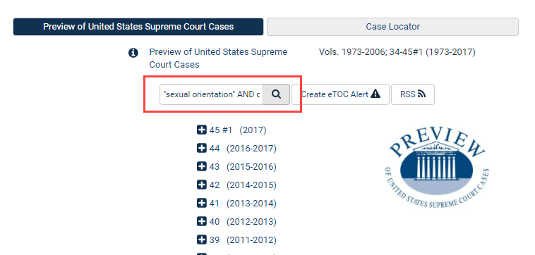 Screenshot of search within Preview of the United States Supreme Court Cases database in HeinOnline