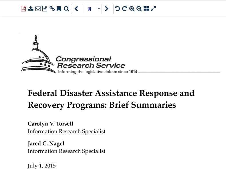 Screenshot of a CRS report on Federal Disaster Assistance Response and Recovery Programs
