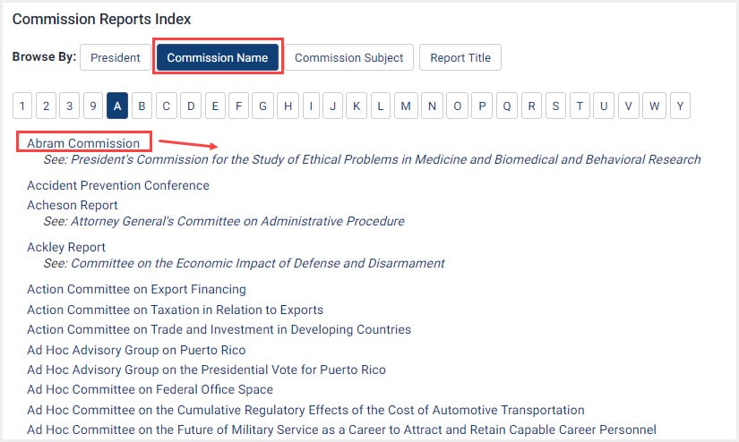 Screenshot of Commission Reports Index with Commission Name browse option highlighted
