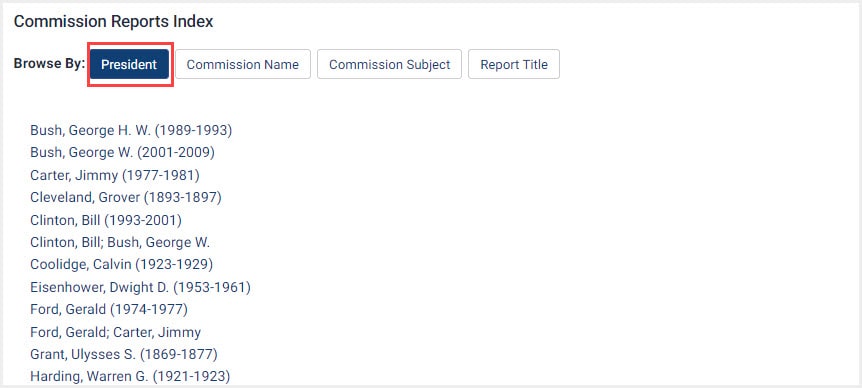 Screenshot of Commission Reports Index with President browse option highlighted