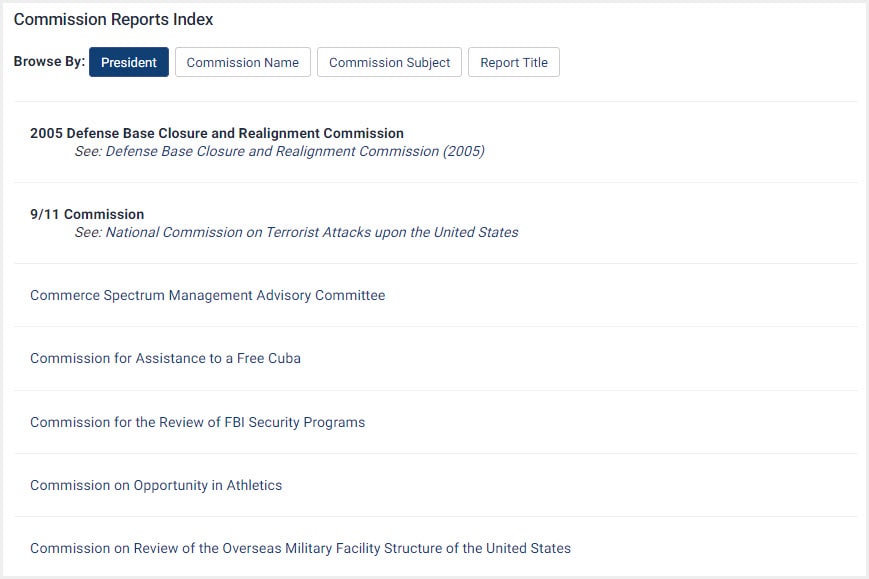 Screenshot of Commission Reports Index for George W. Bush