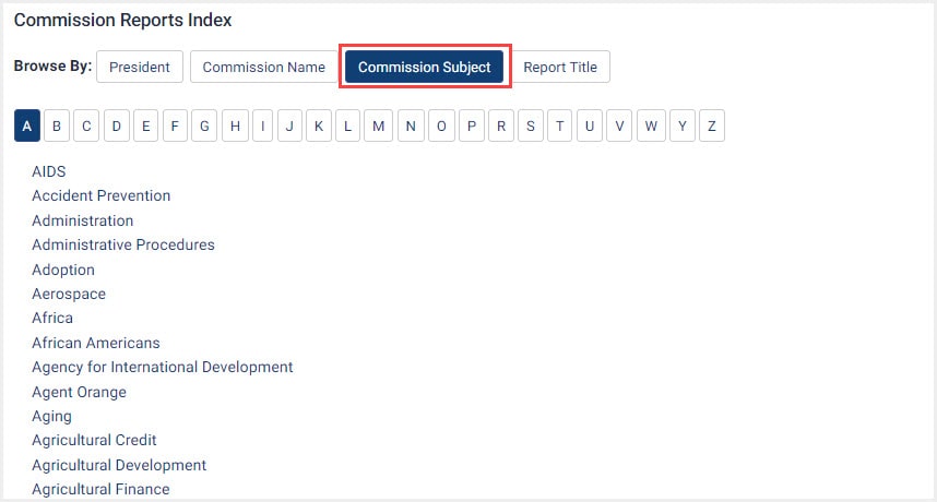 Screenshot of Commission Reports Index with Commission Subject browse option highlighted