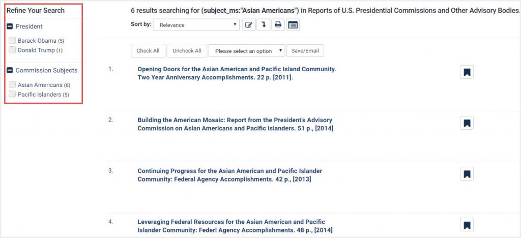 Screenshot of search results in Commission Reports Index for subject of Asian Americans