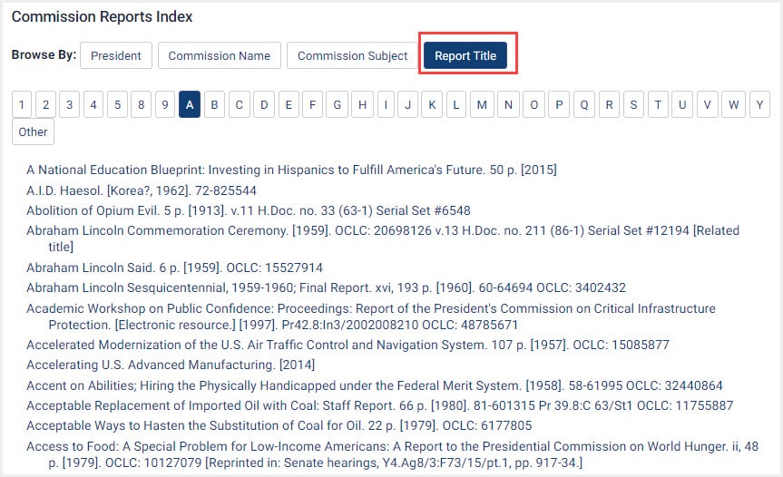 Screenshot of Commission Reports Index with Report Title browse option highlighted