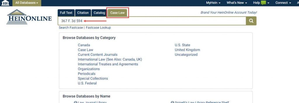 Screenshot of case citation search in HeinOnline