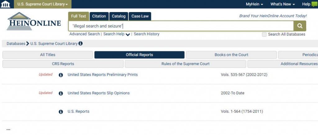 Screenshot of the U.S. Supreme Court Library Official Reports tab