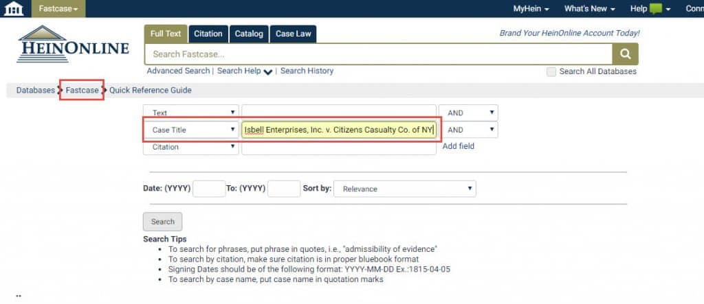 Screenshot of case title search within Fastcase Premium