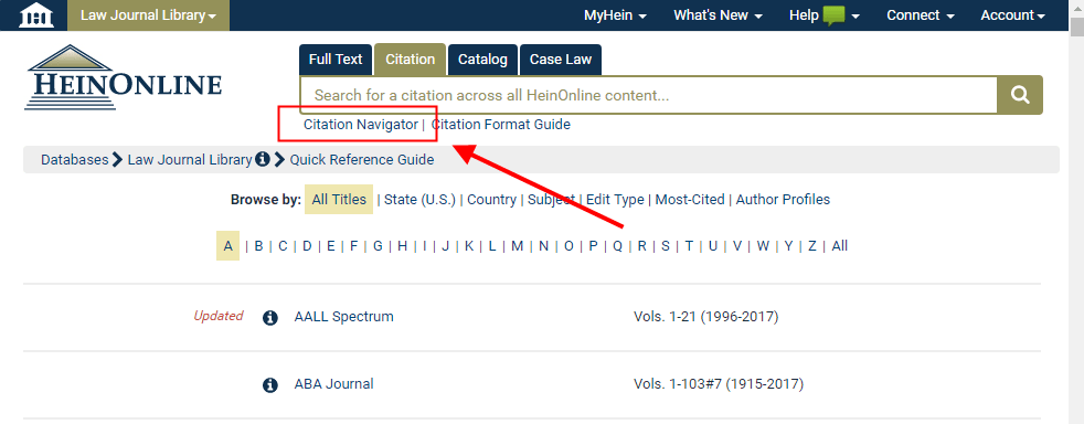 Screenshot of the Law Journal Library showing the Citation Navigator