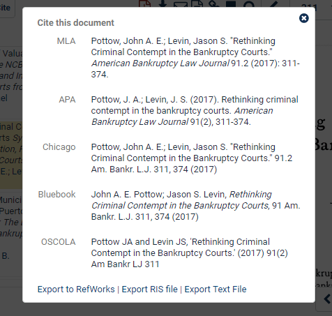 Screenshot of Citations for an article provided by HeinOnline
