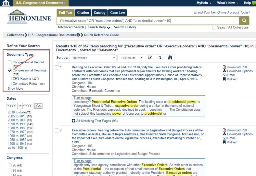Search results within HeinOnline's U.S. Congressional Documents