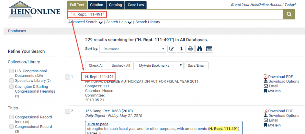 Screenshot of Full Text search using House Report citation
