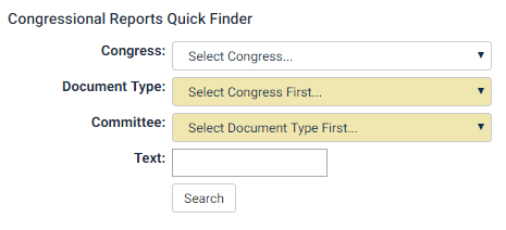 Screenshot of Congressional Reports Quick Finder tool