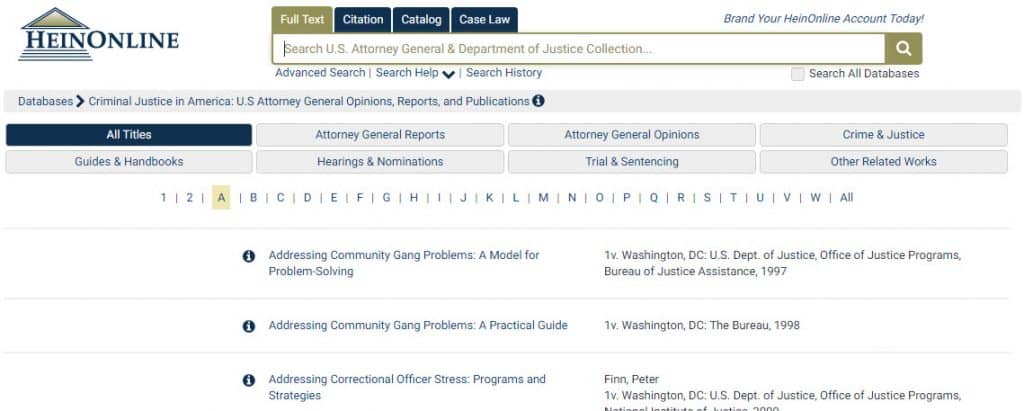 Screenshot of updated structure of homepage in Criminal Justice in America database