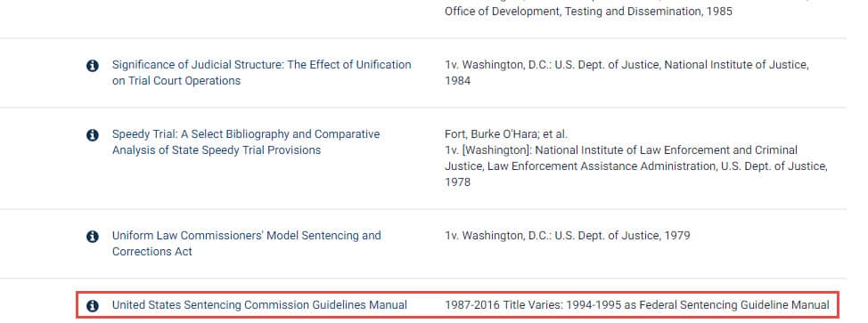 Screenshot of federal sentencing guidelines search result in Trial & Sentencing subcollection